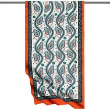 Bursa İpek Siyah Turuncu Sıra Lale Desen Dar Ipeksi Fular