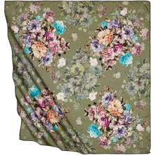 Bursa İpek Yeşil Dörtçiçek Desen Ipeksi Eşarp