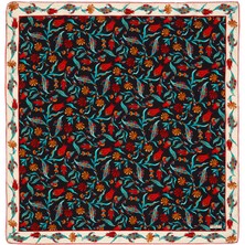 Bursa İpek Siyah Ekru Karanfil Lale Desen Ipek Eşarp