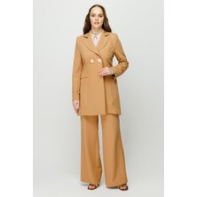 Esswaap Altın Rengi Iri Düğme Detaylı Pantolon Ceket Takım  Camel