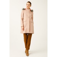 Esswaap Yün Kumaş Fermuar Kapamalı Kapişonlu Kaban  Pudra