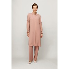 Esswaap Inci Detaylı Kolları Büzdürme Detaylı Pantolon Tunik Takım  Pudra