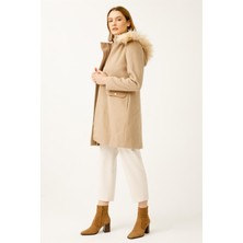 Esswaap Yün Kumaş Fermuar Kapamalı Kapişonlu Kaban  Camel