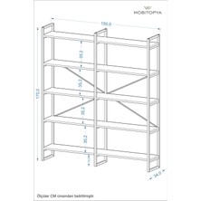 Mobitopya Nilamu 150 cm Kitaplık / Metal Aksamlı / Açık Raf / Organizer / Ofis / Ev / 5 Raflı Kitaplık