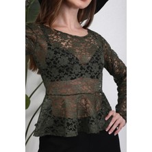 Küçüğüm Butik Volanlı Haki Yeşil Dantel Bluz