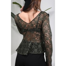 Küçüğüm Butik Volanlı Haki Yeşil Dantel Bluz