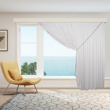 Perhal Tek Kanat Saçaklı Püsküllü Gümüş Çelik Çizgili Etekleri Kurşunlu 1-3 Sık Pile Kruvaze Tül Perde