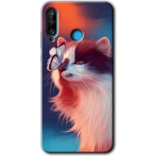 MRC İletişim Huawei P30 Lite Kılıf Hd Desen Baskılı Arka Kapak - Cat Butterfly