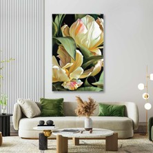 SML Tablo Yapraklar ve Beyaz Çiçekler Fırça Izi Dekoratif Kanvas Tablo