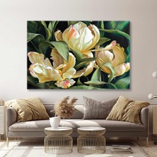 SML Tablo Yapraklar ve Beyaz Çiçekler Fırça Izi Dekoratif Kanvas Tablo