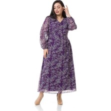 Disentis Modest Büyük Beden V Yaka Beli ve Kol Ağzı Lastikli Şifon Uzun Astarlı Mürdüm Elbise