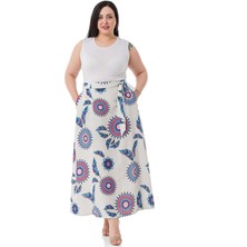 Disentis Modest Büyük Beden Beli Arkadan Lastikli Kuşaklı Cepli Kloş Mavi Desenli Etek