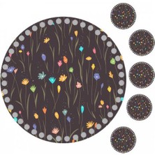 Grafilli Design 30 cm Çiçek Baskılı Örgü Ahşap Tepsi Tabanı Plakası, 5 Adet 10 cm Baskılı Bardak Altı 05
