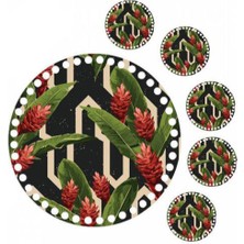 Grafilli Design 30 cm Çiçek  Baskılı Örgü Ahşap Tepsi Tabanı Plakası, 5 Adet 10 cm Baskılı Bardak Altı 015