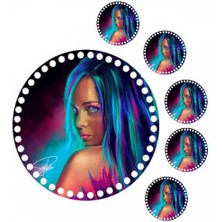 Grafilli Design 30 cm Mavi Kadın Baskılı Örgü Ahşap Tepsi Tabanı Plakası, 5 Adet 10 cm Baskılı Bardak Altı