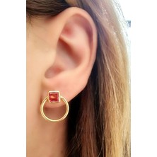 Ose Shop Pembe Turmalin Taşlı 925 Ayar Gümüş Üzerine Altın Kaplama Tasarım Doğal Taş Küpe