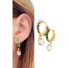Ose Shop Yeşil Mine İşçiliği 925 Ayar Gümüş Üzerine Altın Kaplama Tasarım Mavi Topaz  Taşlı Doğal Taş Halka Küpe