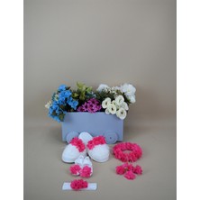 Ana Kuzusu Özel Tasarım Lohusa Taç Terlik Seti Patik Fuşya Lazer Kesim Çiçek 4LTT07