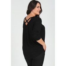 Curvy Trend Büyük Beden Sırt Çapraz Pul Şerit Uzun Kol Bluz Siyah
