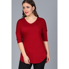Curvy Trend Kadın Büyük Beden Yarım Kol Bluz Bordo Renk V Yaka Düz Tasarım ile Rahatlık