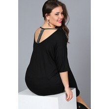 Curvy Trend Büyük Beden Sırt Dekolteli Pul Payet Bantlı Yarım Kol Bluz Siyah