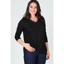 Curvy Trend Yaka Dantel Detaylı Uzun Kol Bluz Siyah