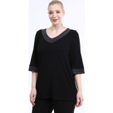 Curvy Trend Büyük Beden Yaka Kolucu Sim Bluz Siyah