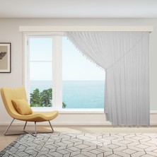 Perhal Tek Kanat Saçaklı Püsküllü  Zincir Desen Etekleri Kurşunlu 1-3 Sık Pile Kruvaze Tül Perde