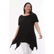 Curvy Trend Büyük Beden Kısa Kol Yırtmaçlı Basic Bluz Siyah