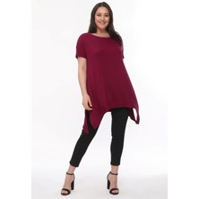 Curvy Trend Büyük Beden Kısa Kol Yırtmaçlı Basic Bluz Bordo