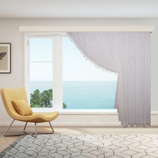 Perhal Tek Kanat Saçaklı Püsküllü  Şantuk Desen Etekleri Kurşunlu 1-2 Pile Kruvaze Tül Perde