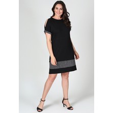 Curvy Trend Büyük Beden Siyah T-Shirt Elbise A-Line Kol Ucu Simli Günlük Stil