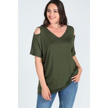 Curvy Trend Büyük Beden Omuzu V Pencere Kısa Kol Bluz Haki