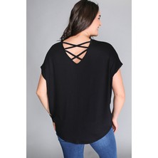 Curvy Trend Büyük Beden Sırt Çapraz Kısa Kol Bluz Siyah