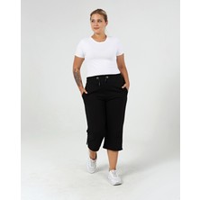 Curvy Trend Kadın Kapri Pantolon Beli Bağcıklı Yırtmaç Detaylı %95 Viskon Siyah