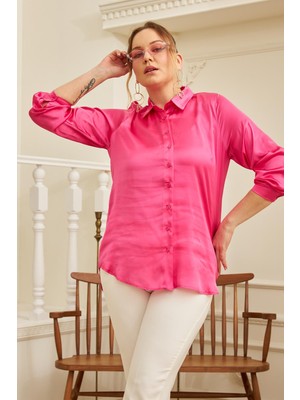 Rmg Büyük Beden Fuşya Saten Gömlek