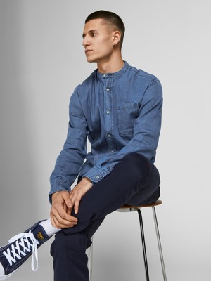 Jack & Jones Blaperfect Denim Band Shirt L/s Ln Erkek Mavi Gömlek 12204884-07