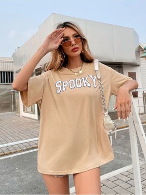 Altamira Bej Spooky Baskılı Oversize T-Shirt