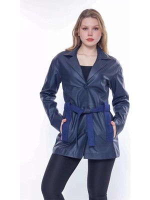 By Marki Marki Kruvaze Trençkot Ceket Uzun Lacivert Lüx  Deri Düğme Kapamalı - 111122