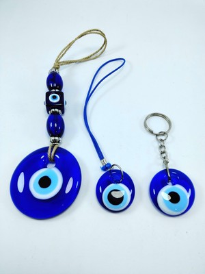 Helis El Yapımı Nazar Boncuğu Duvar Dekoru Araba Dikiz Ayna Süsü Anahtarlık Cam Dekoratif Set