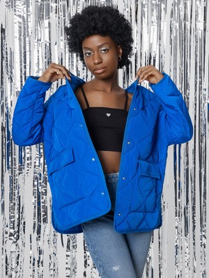Loft Oversize Kadın Mont Saks Mavi Renk Uzun Kol Midi Düz Desenli Model
