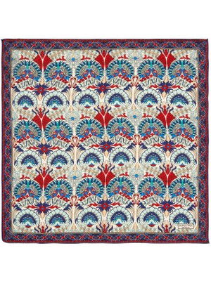 Bursa İpek Kırmızı Turkuaz Tavuskuşu Desen Ipek Mendil