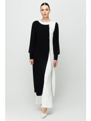 Esswaap Kolu Piliseli Önden Yırtmaçlı Şerit Taş Detaylı Pantolonlu Takım  Ekru