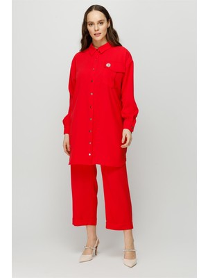 Esswaap Broş Detaylı Pantolon Tunik Takım  Kırmızı