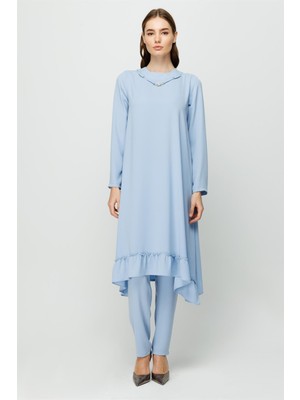 Esswaap Eteği Büzgü Detaylı Tunik Pantolon Takım  Mavi