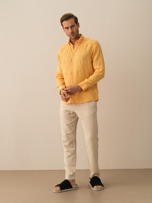 Xint Erkek Sarı Regular Fit Keten Basic Gömlek