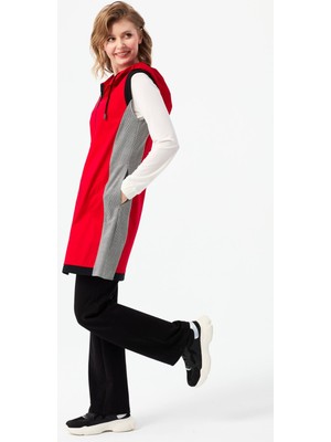 Esswaap Yanları Ekose Kombinli Ribanalı Yelek  Kırmızı