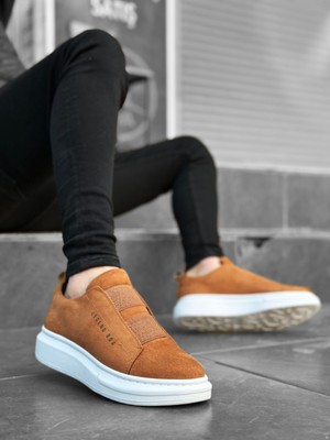 BOA BA0307 Kalın Süet Yüksek Taban Çift Bant Taba Beyaz Erkek Ayakkabı