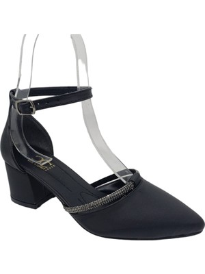 Zerhan C50 Kadın Siyah Burnu Kapalı Sivri Burun Taşlı Bantlı Topuklu Ayakkabı