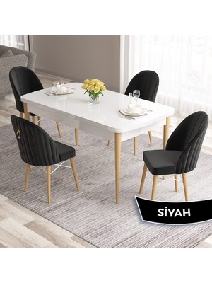 Canisa Concept Roz Serisi 80X132 Mdf Beyaz Mutfak Masa Takımı Doğal Ahşap Ayak Beyaz Kafes 4 Sandalye  Gold Halka